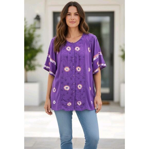 none Tops - Purple Crepe Women's XL Silk Short-Sleeve Embroidered Boho Button-Up Tunic Top